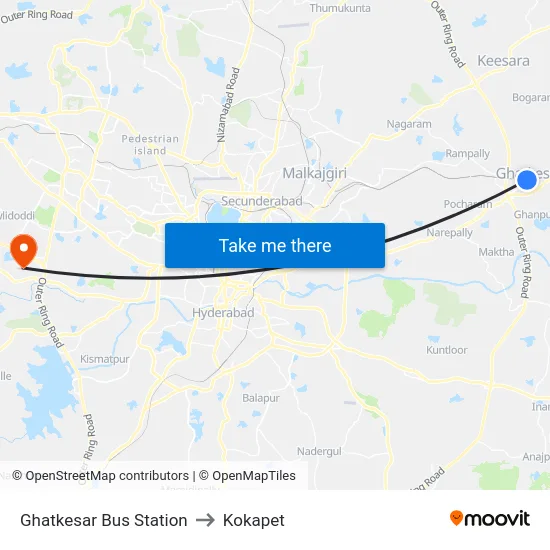 Ghatkesar Bus Station to Kokapet map