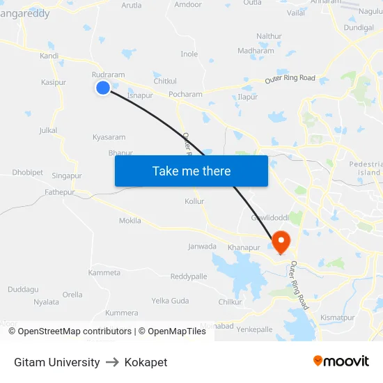 Gitam University to Kokapet map