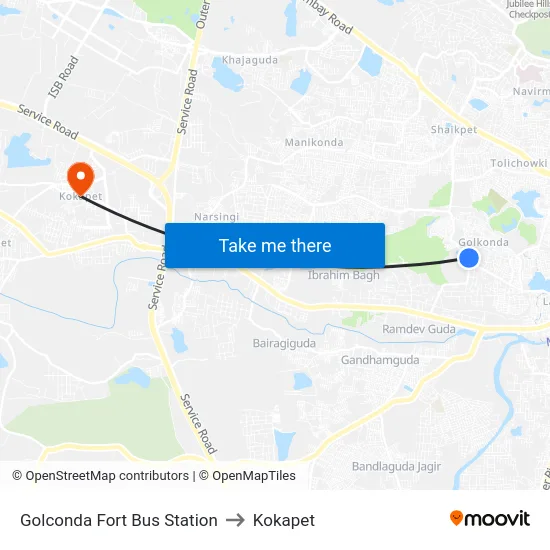 Golconda Fort Bus Station to Kokapet map