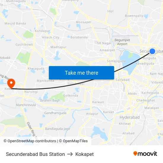 Secunderabad Bus Station to Kokapet map