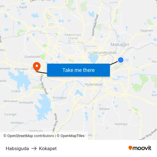 Habsiguda to Kokapet map