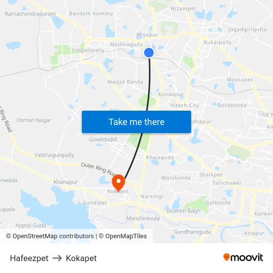 Hafeezpet to Kokapet map