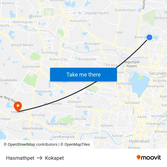 Hasmathpet to Kokapet map
