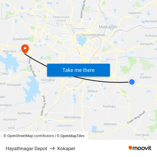 Hayathnagar Depot to Kokapet map