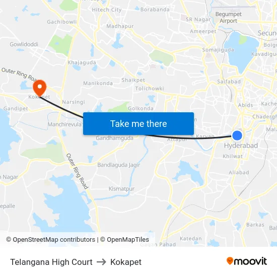 Telangana High Court to Kokapet map