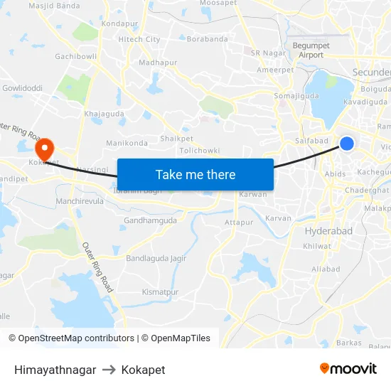 Himayathnagar to Kokapet map