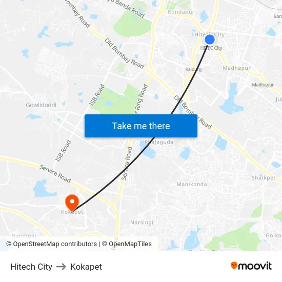Hitech City to Kokapet map
