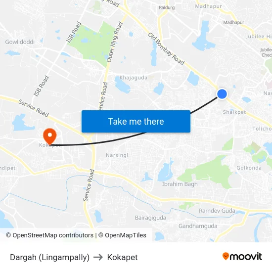 Dargah (Lingampally) to Kokapet map