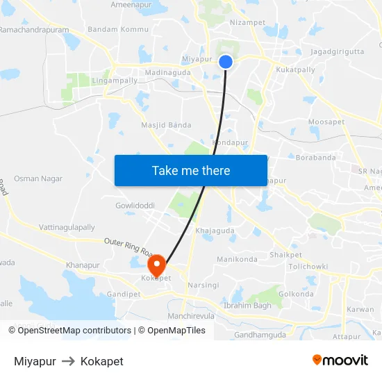 Miyapur to Kokapet map