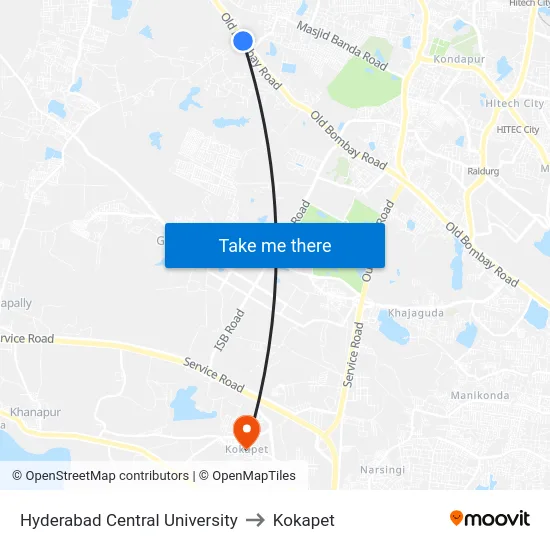 Hyderabad Central University to Kokapet map