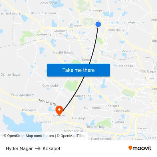 Hyder Nagar to Kokapet map