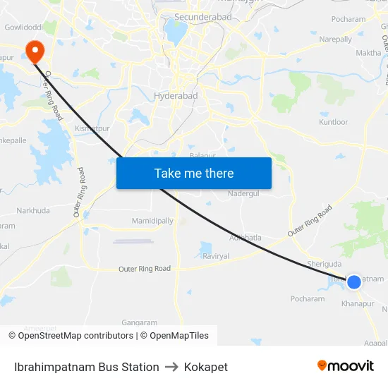 Ibrahimpatnam Bus Station to Kokapet map