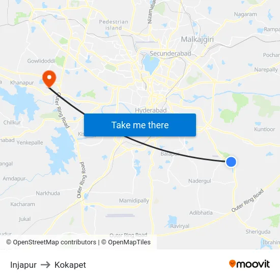 Injapur to Kokapet map