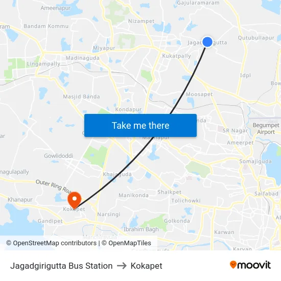 Jagadgirigutta Bus Station to Kokapet map