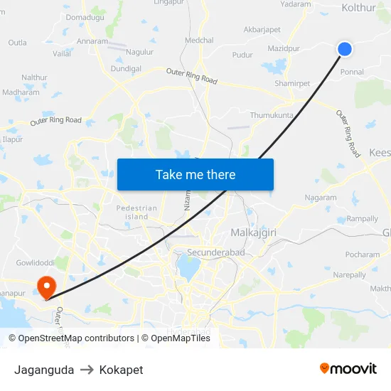 Jaganguda to Kokapet map