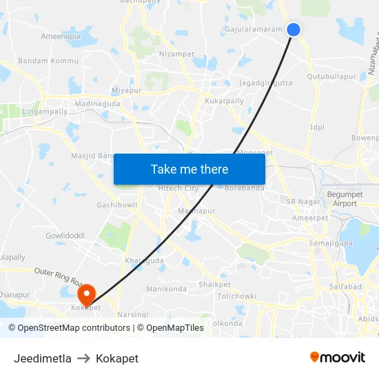 Jeedimetla to Kokapet map