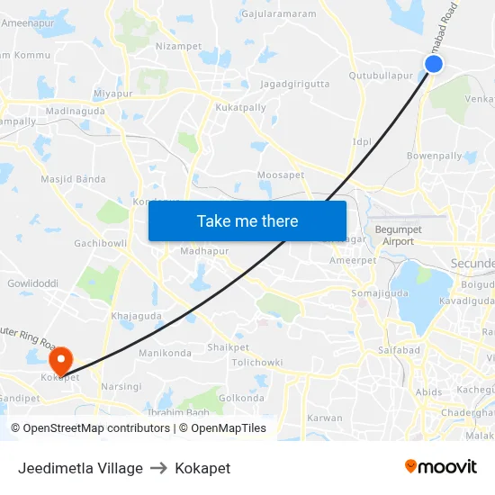 Jeedimetla Village to Kokapet map