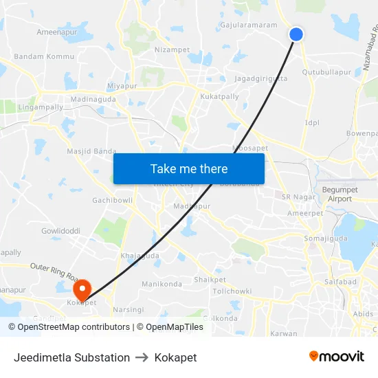 Jeedimetla Substation to Kokapet map