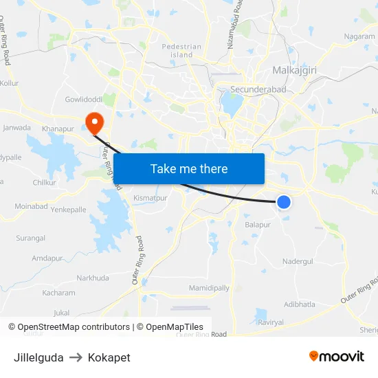 Jillelguda to Kokapet map