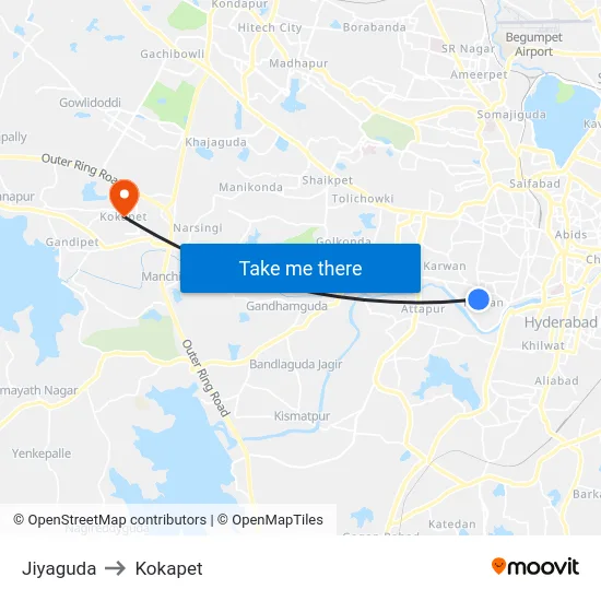 Jiyaguda to Kokapet map