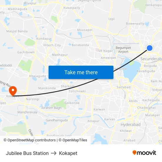 Jubilee Bus Station to Kokapet map
