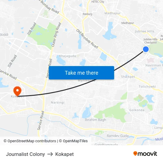 Journalist Colony to Kokapet map