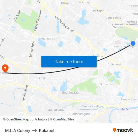 M.L.A Colony to Kokapet map