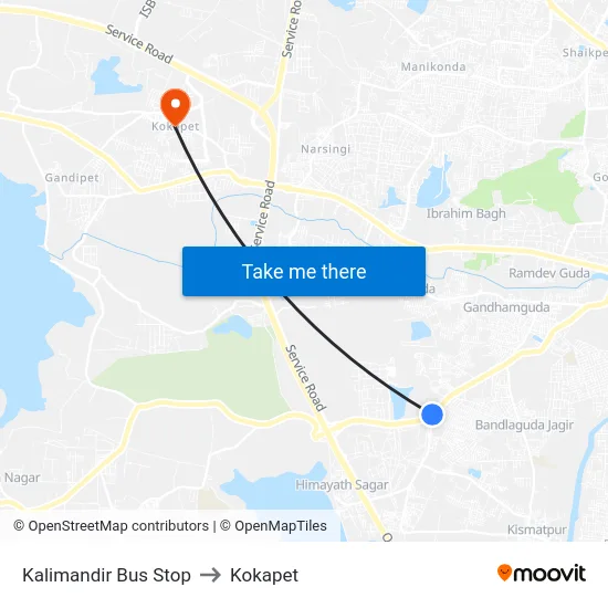 Kalimandir Bus Stop to Kokapet map
