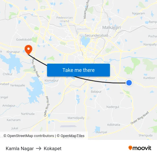 Kamla Nagar to Kokapet map