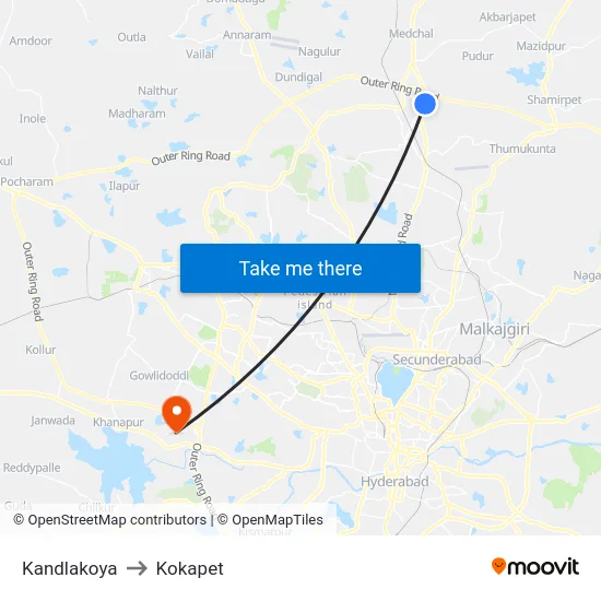 Kandlakoya to Kokapet map