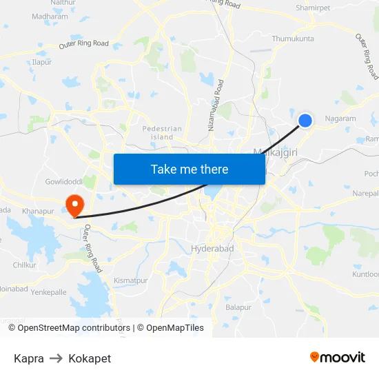 Kapra to Kokapet map