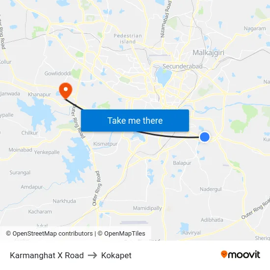 Karmanghat X Road to Kokapet map