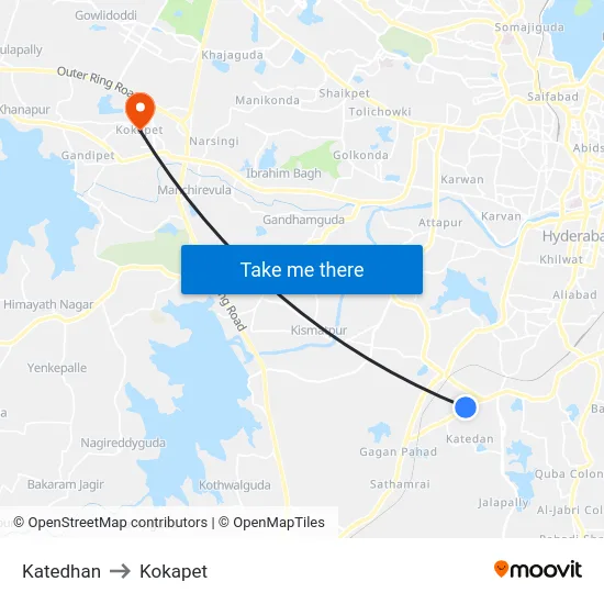 Katedhan to Kokapet map