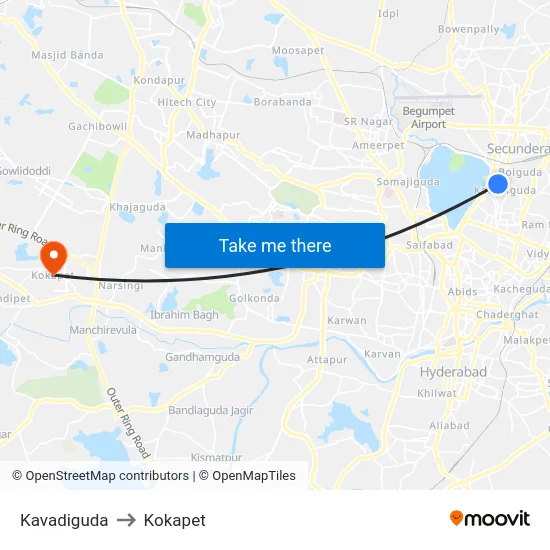 Kavadiguda to Kokapet map