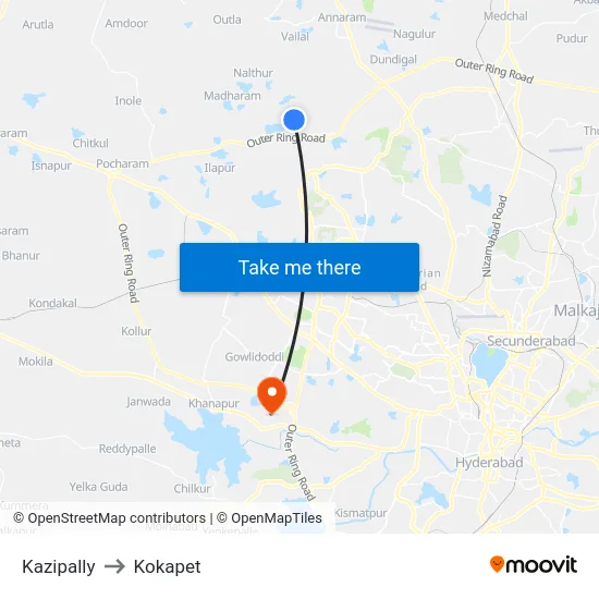Kazipally to Kokapet map