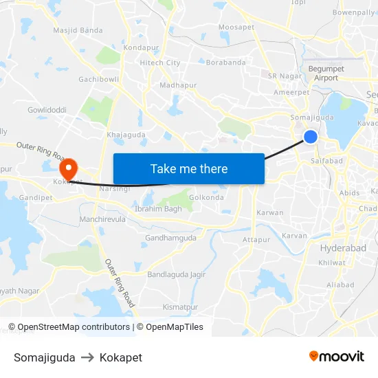 Somajiguda to Kokapet map