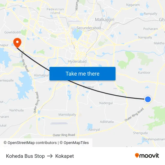 Koheda Bus Stop to Kokapet map