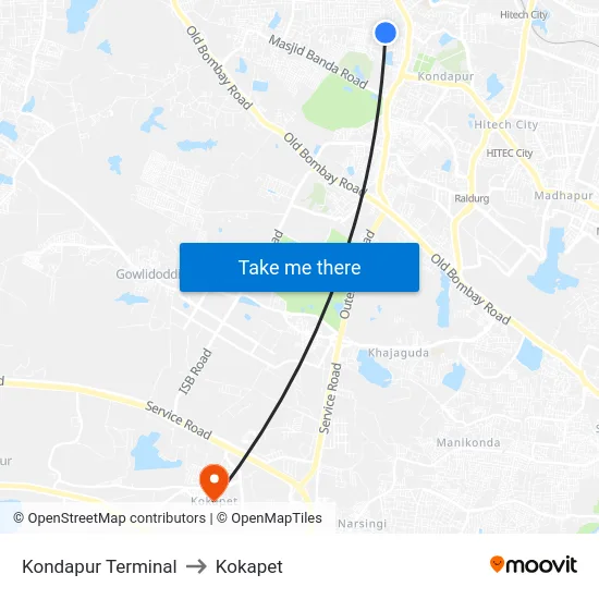 Kondapur Terminal to Kokapet map