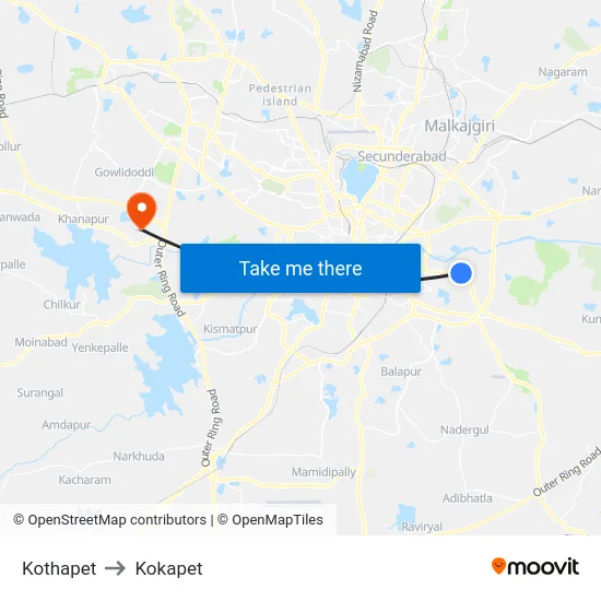 Kothapet to Kokapet map