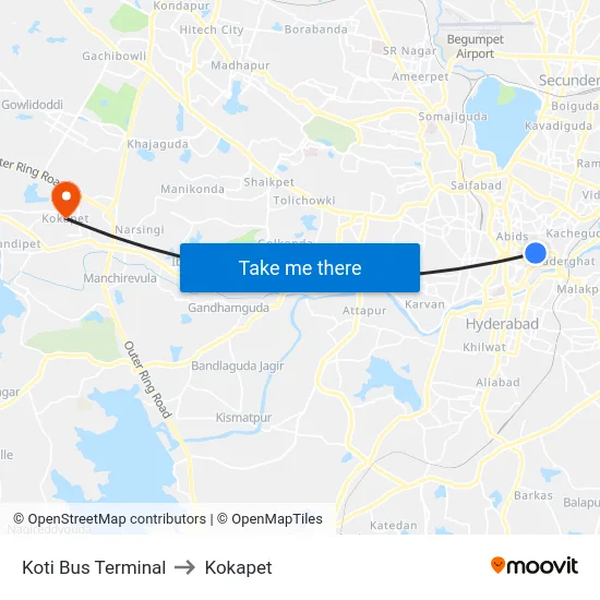 Koti Bus Terminal to Kokapet map