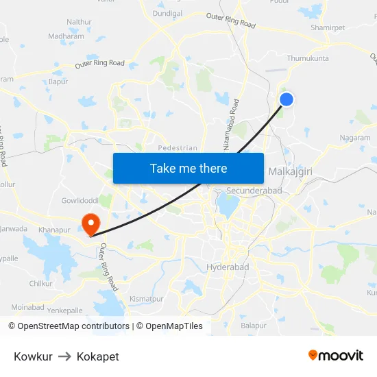 Kowkur to Kokapet map