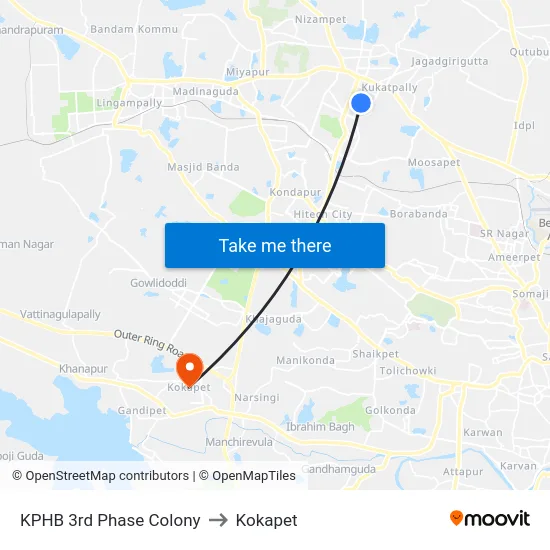 KPHB 3rd Phase Colony to Kokapet map