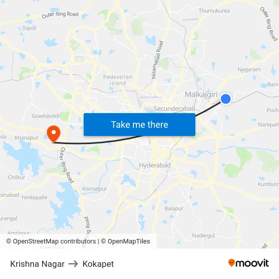 Krishna Nagar to Kokapet map