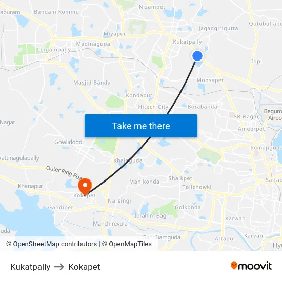 Kukatpally to Kokapet map