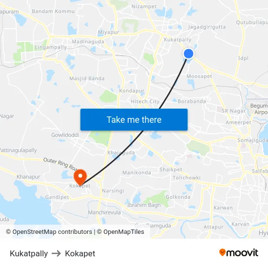 Kukatpally to Kokapet map