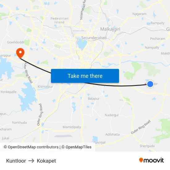 Kuntloor to Kokapet map