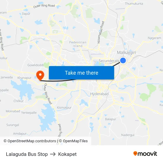 Lalaguda Bus Stop to Kokapet map