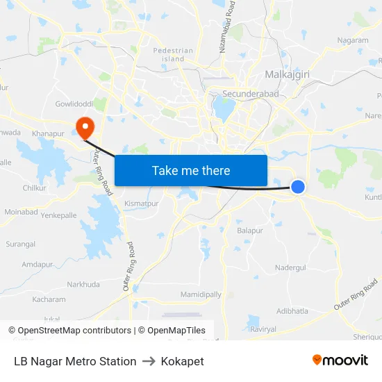 LB Nagar Metro Station to Kokapet map