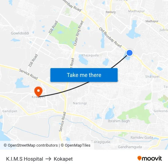 K.I.M.S Hospital to Kokapet map
