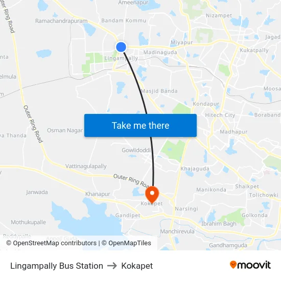 Lingampally Bus Station to Kokapet map